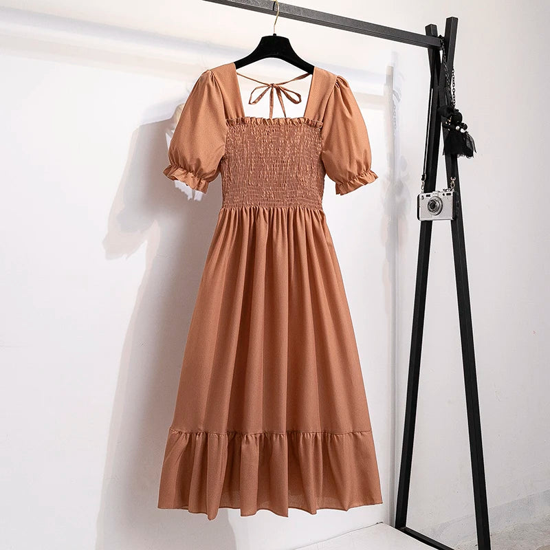 Spring Summer Chiffon Dresses Fashion Female Elastic Waist Short Sleeve