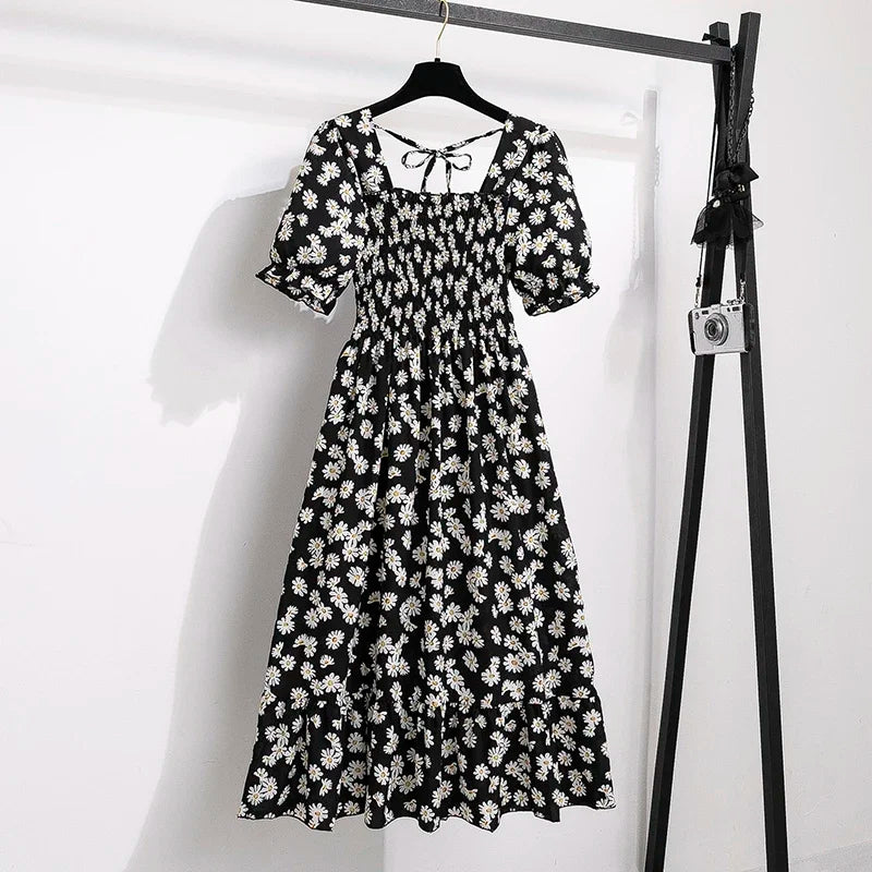 Spring Summer Chiffon Dresses Fashion Female Elastic Waist Short Sleeve