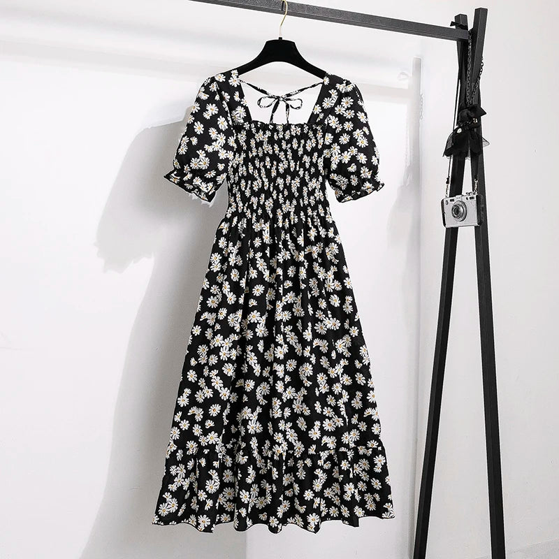 Spring Summer Chiffon Dresses Fashion Female Elastic Waist Short Sleeve