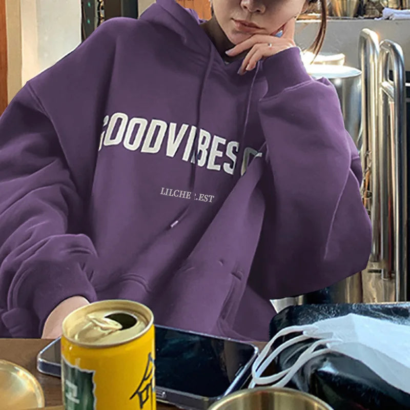 2025 Autumn Fleece Hoodie Solid Color Letter Hooded Korean Fashion Sweatshirts Long Sleeve Top Drawstring Pockets Loose Hoodies