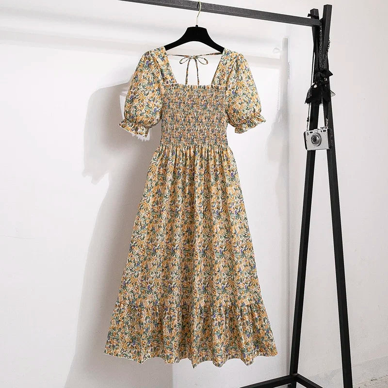Spring Summer Chiffon Dresses Fashion Female Elastic Waist Short Sleeve