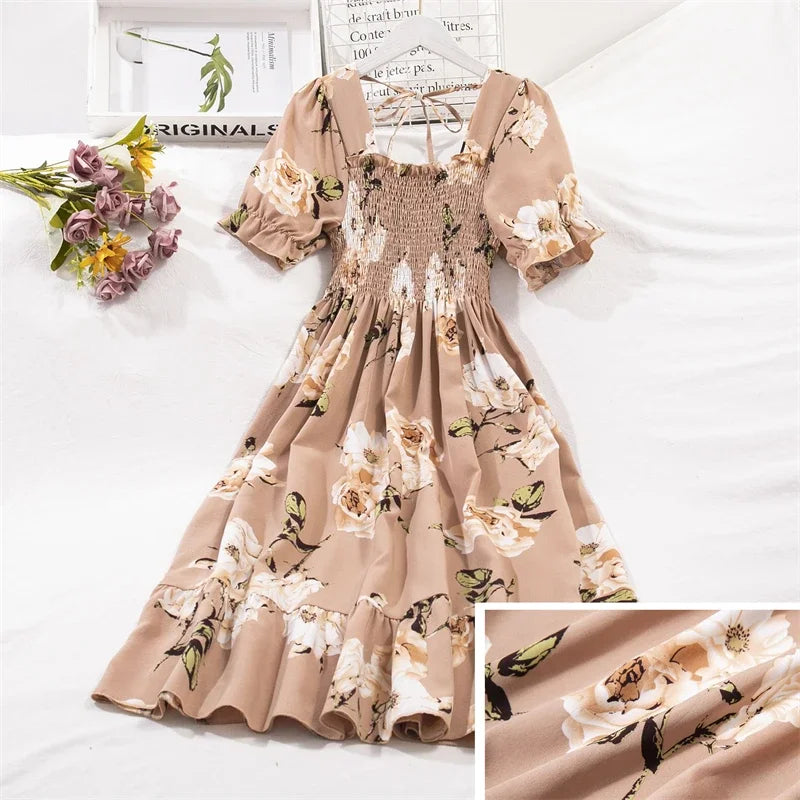 Spring Summer Chiffon Dresses Fashion Female Elastic Waist Short Sleeve