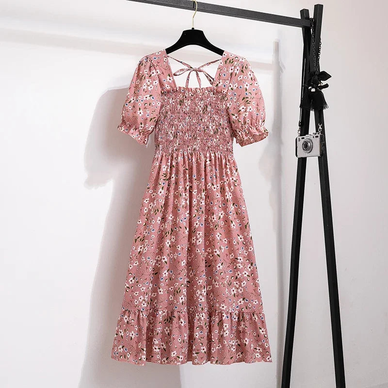 Spring Summer Chiffon Dresses Fashion Female Elastic Waist Short Sleeve