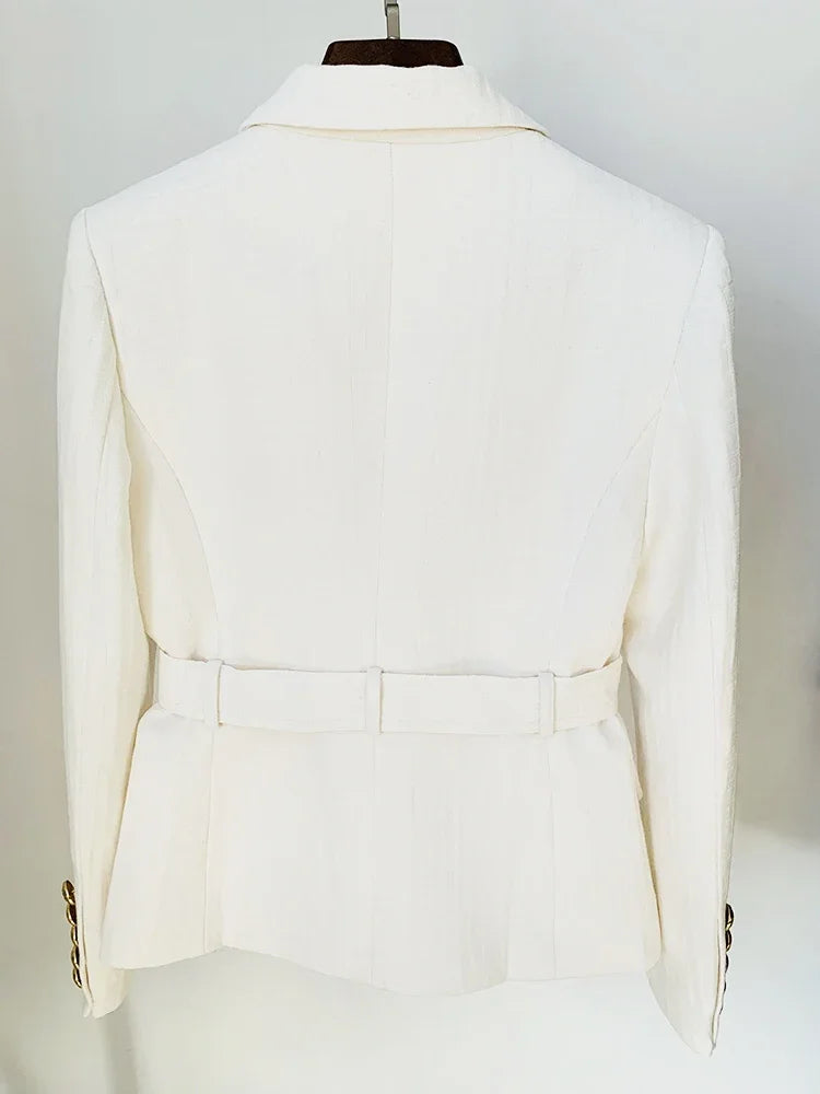Designer Jacket Women's Double Breasted Lion Buttons Monogram Jacquard Belted Blazer