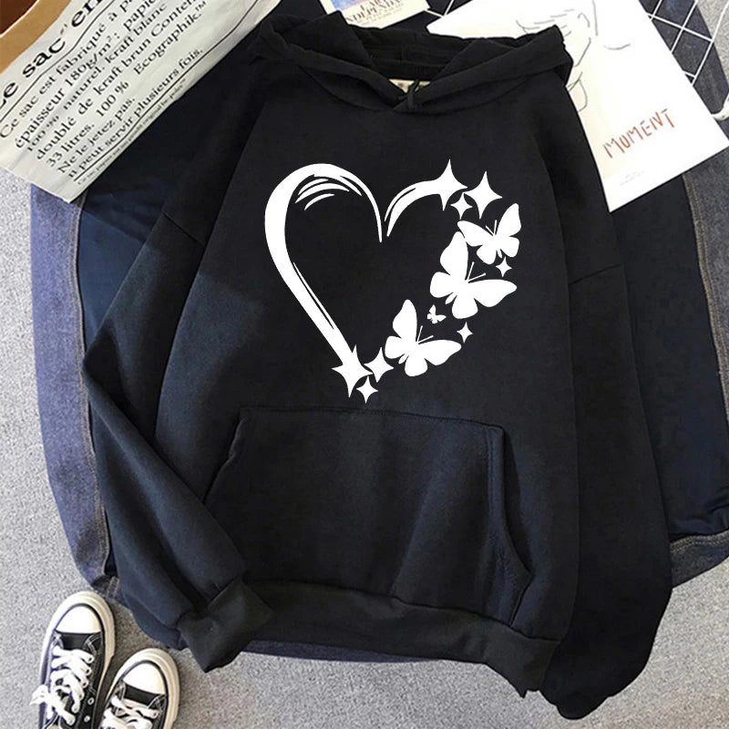 Combination of Love and Butterfly Pattern Long Sleeve Hoodies Women's