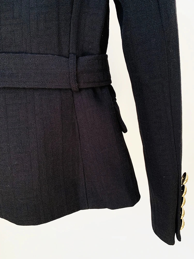 Designer Jacket Women's Double Breasted Lion Buttons Monogram Jacquard Belted Blazer
