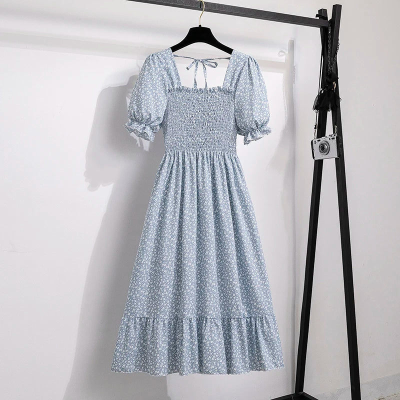 Spring Summer Chiffon Dresses Fashion Female Elastic Waist Short Sleeve