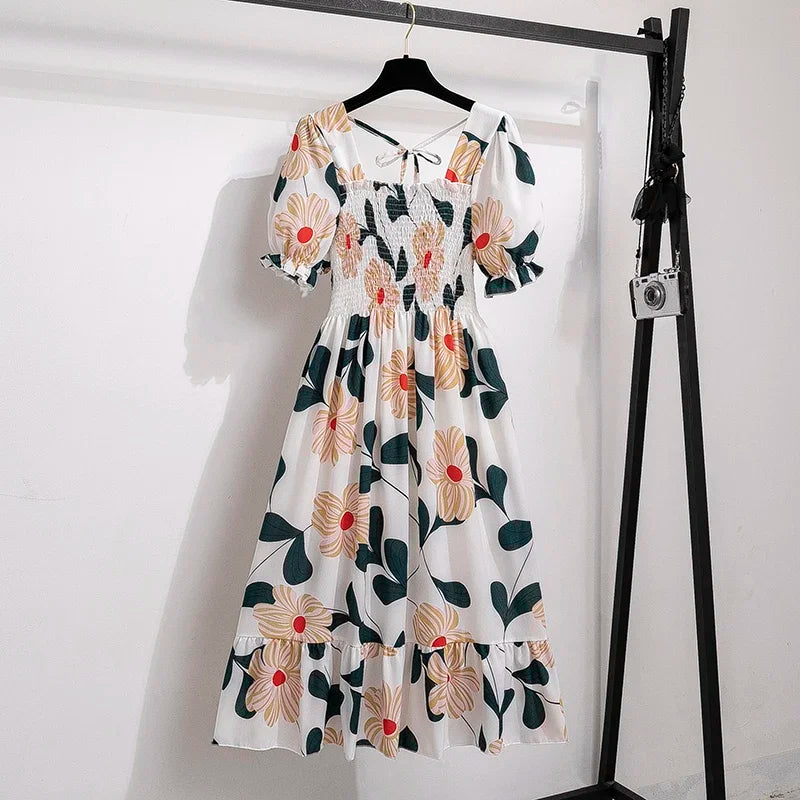 Spring Summer Chiffon Dresses Fashion Female Elastic Waist Short Sleeve