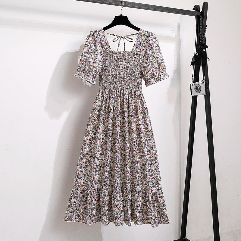 Spring Summer Chiffon Dresses Fashion Female Elastic Waist Short Sleeve