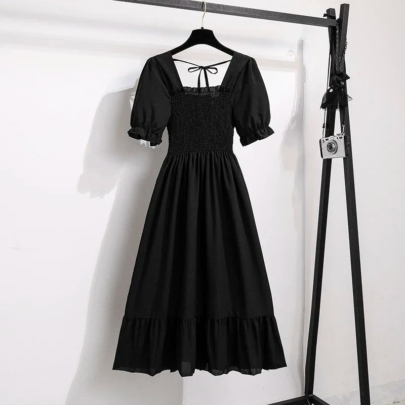 Spring Summer Chiffon Dresses Fashion Female Elastic Waist Short Sleeve