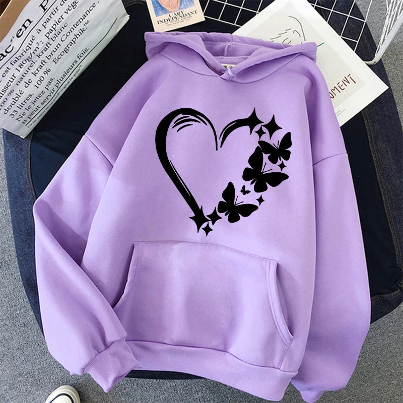 Combination of Love and Butterfly Pattern Long Sleeve Hoodies Women's