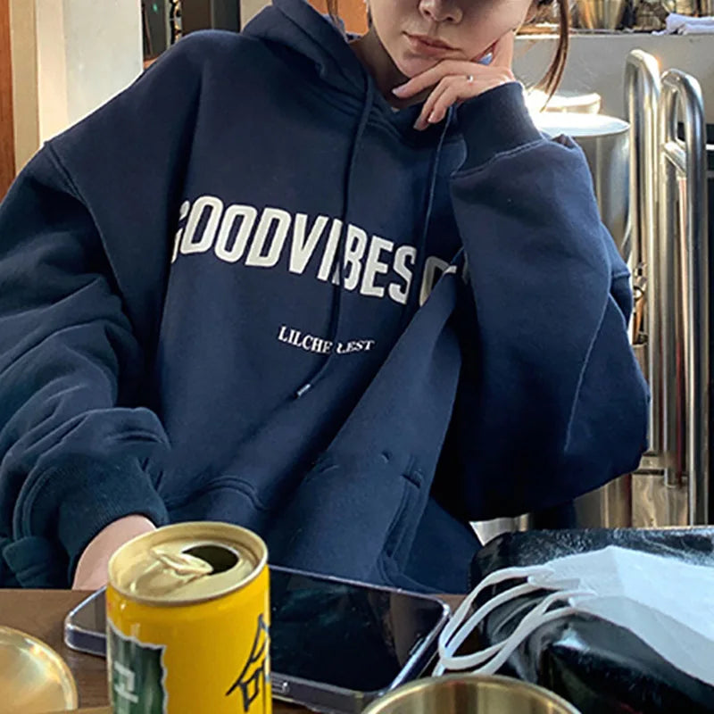 Autumn Fleece Hoodie Solid Color Letter Hooded