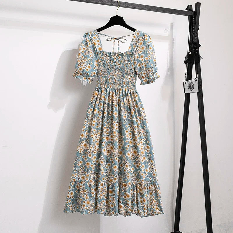 Spring Summer Chiffon Dresses Fashion Female Elastic Waist Short Sleeve