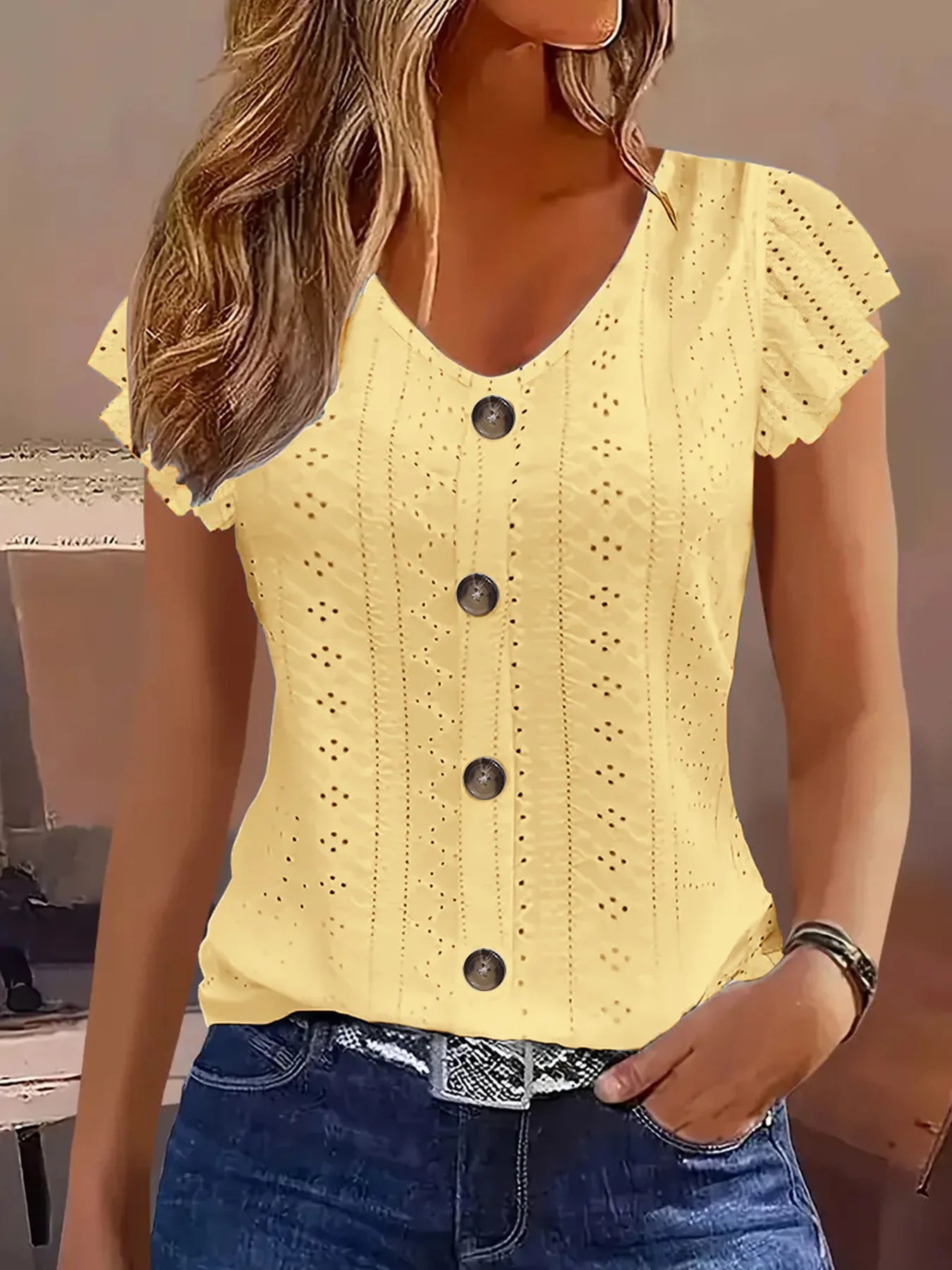 Spring/Summer new women's fashion ruffle sleeve V-neck T-shirt