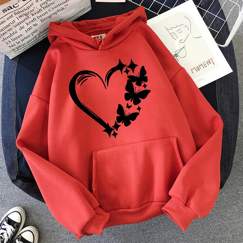 Combination of Love and Butterfly Pattern Long Sleeve Hoodies Women's