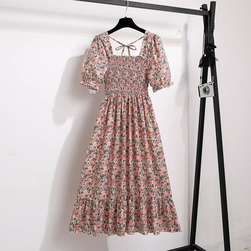Spring Summer Chiffon Dresses Fashion Female Elastic Waist Short Sleeve