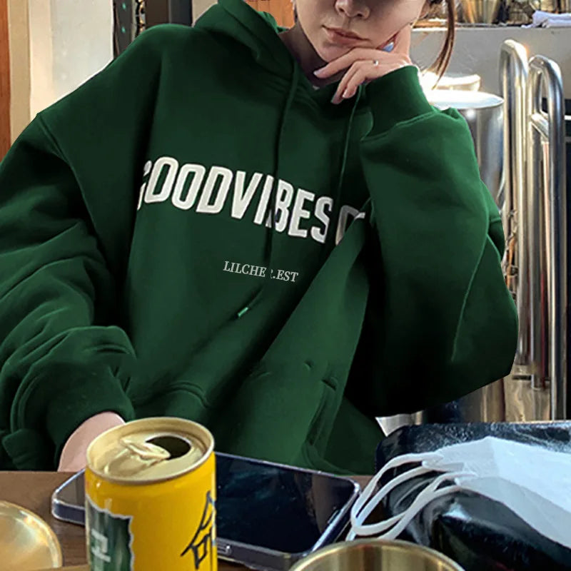 Autumn Fleece Hoodie Solid Color Letter Hooded