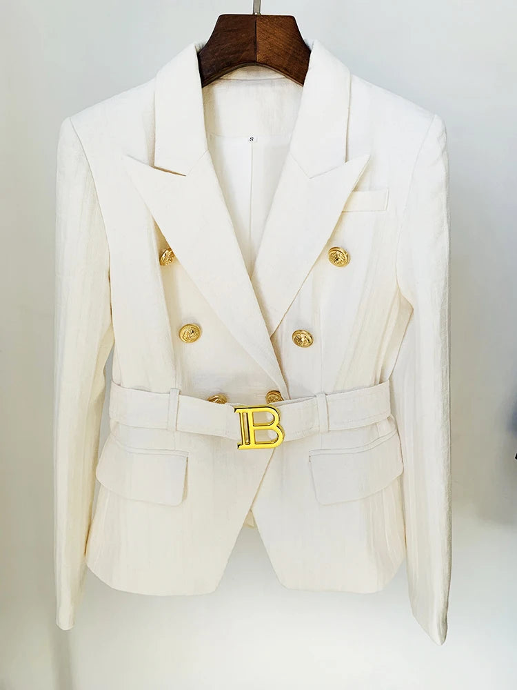 Designer Jacket Women's Double Breasted Lion Buttons Monogram Jacquard Belted Blazer