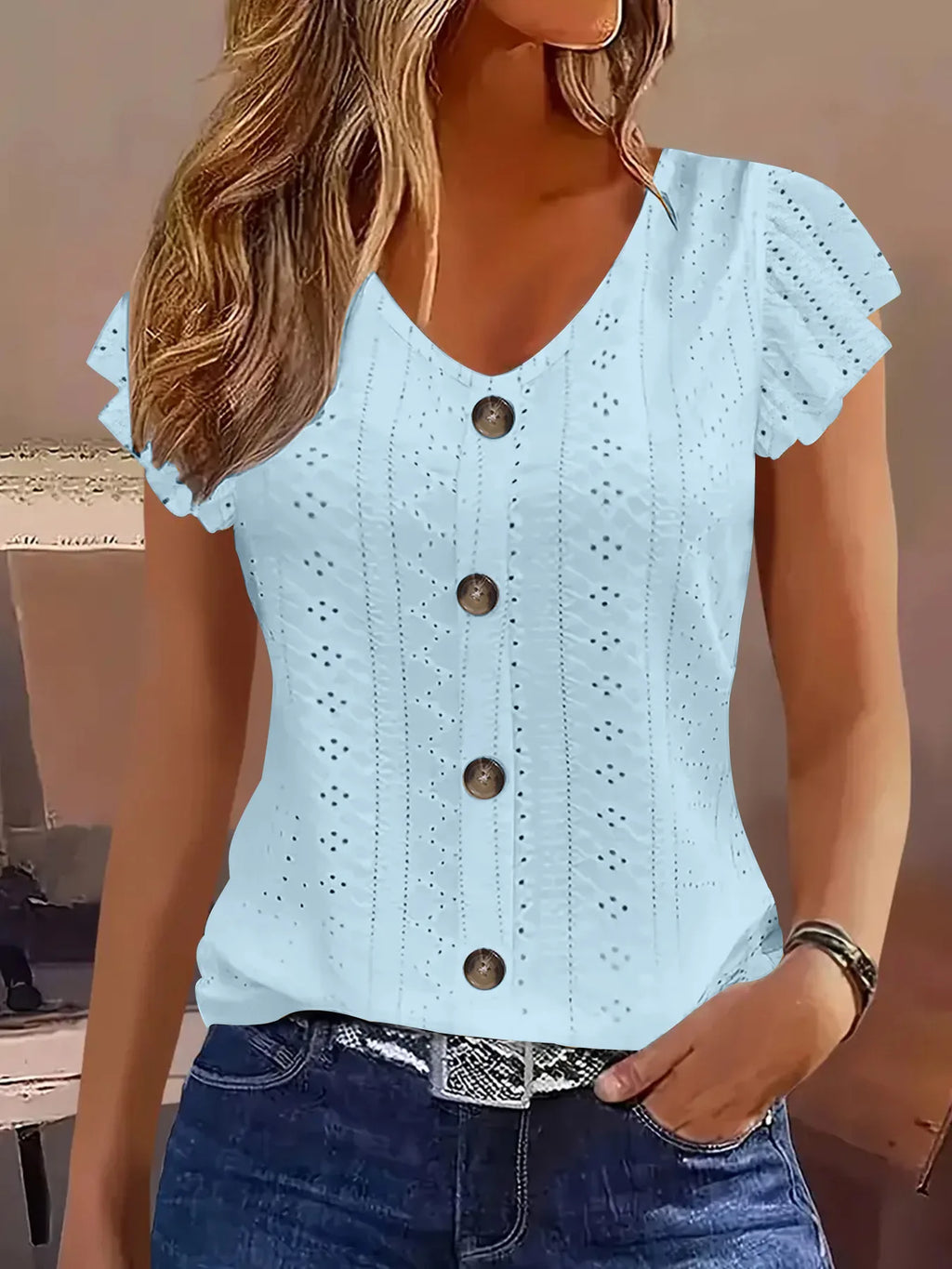 Spring/Summer new women's fashion ruffle sleeve V-neck T-shirt