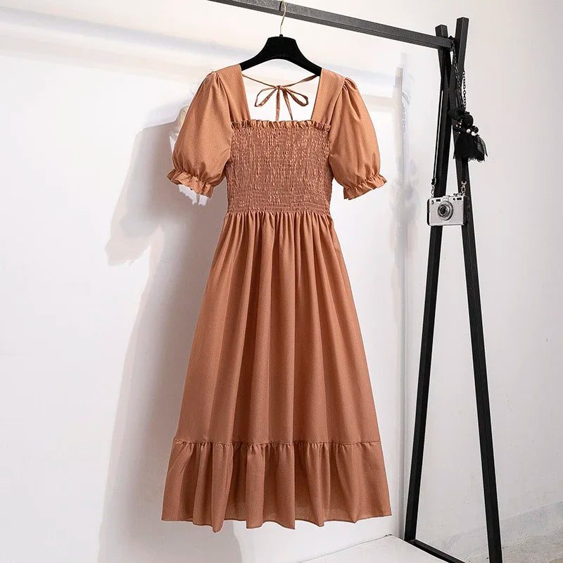 Spring Summer Chiffon Dresses Fashion Female Elastic Waist Short Sleeve