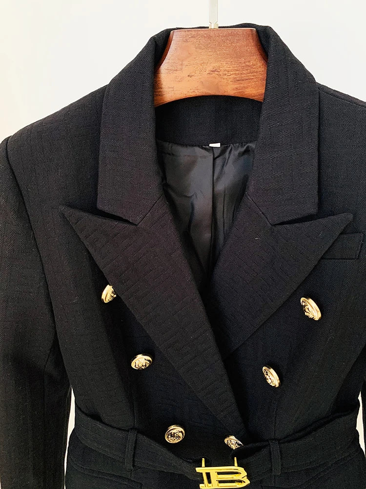 Designer Jacket Women's Double Breasted Lion Buttons Monogram Jacquard Belted Blazer