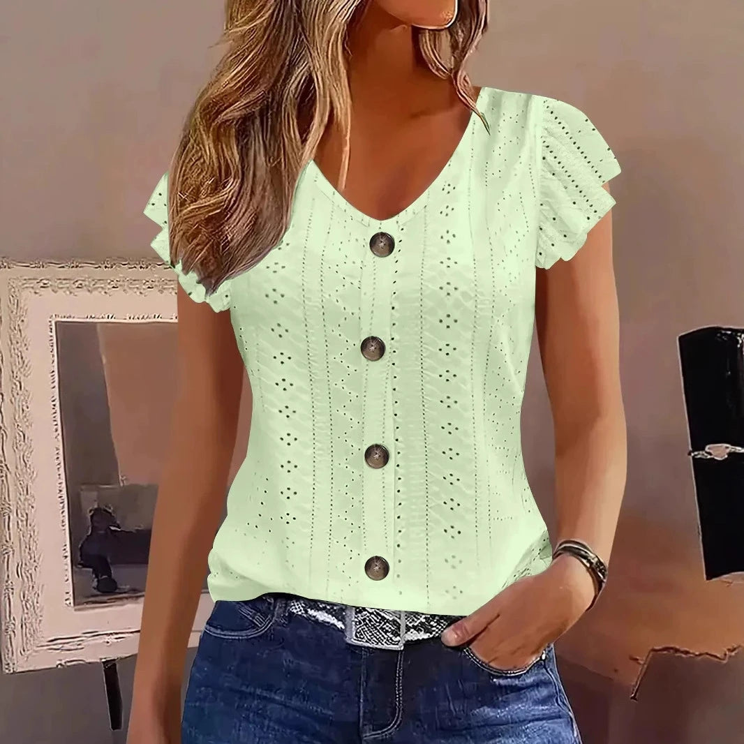 Spring/Summer new women's fashion ruffle sleeve V-neck T-shirt