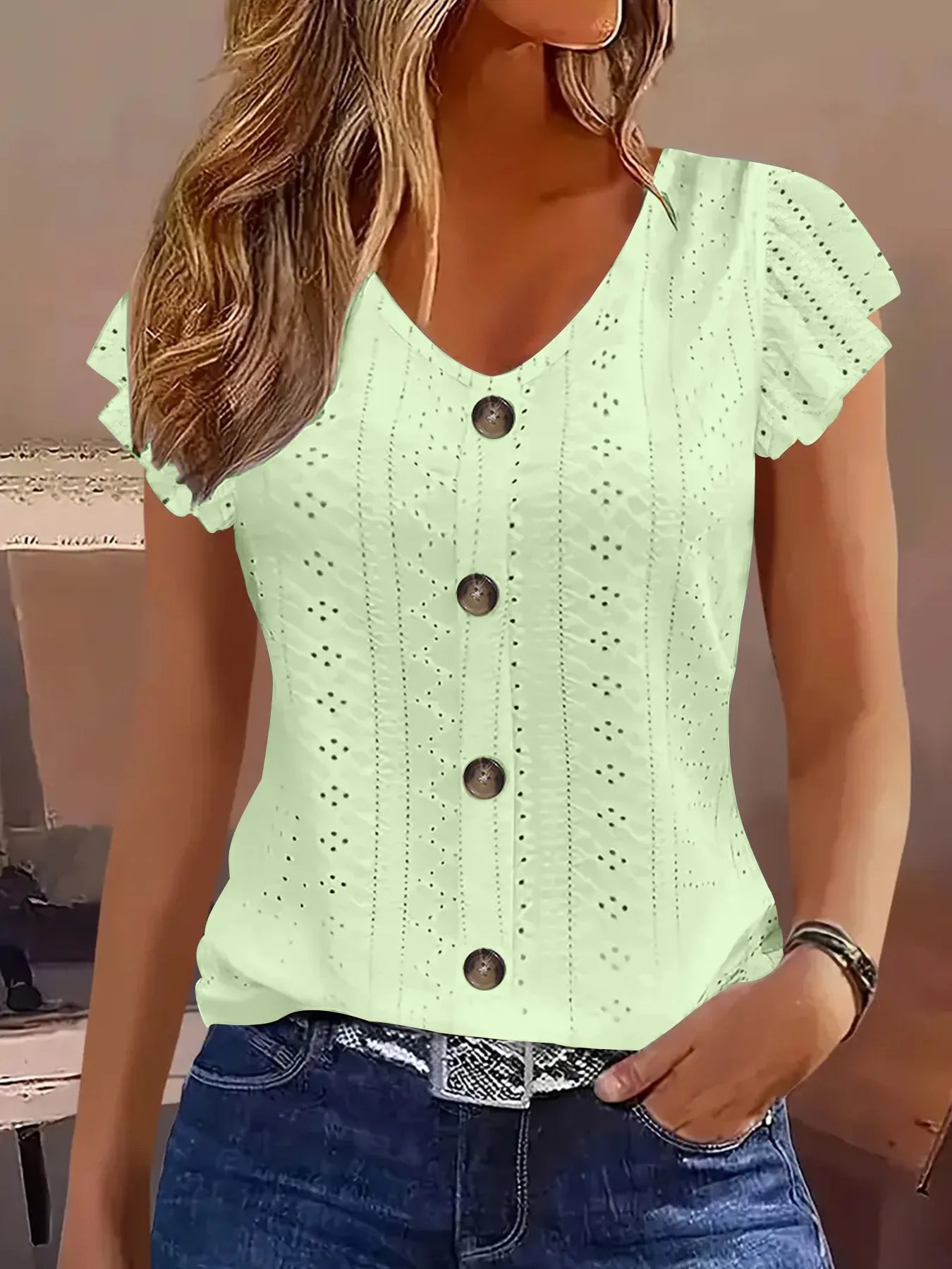 Spring/Summer new women's fashion ruffle sleeve V-neck T-shirt