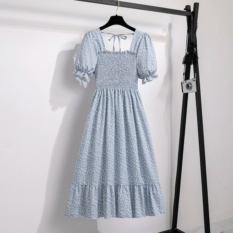 Spring Summer Chiffon Dresses Fashion Female Elastic Waist Short Sleeve