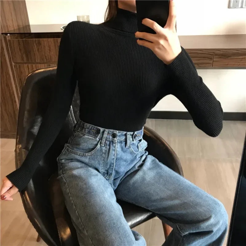 Autumn Winter Thick Sweater Women Knitted Ribbed Pullover Sweater