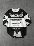 Men's Racing Theme Plaid Flag Pattern Letter Print T-shirt