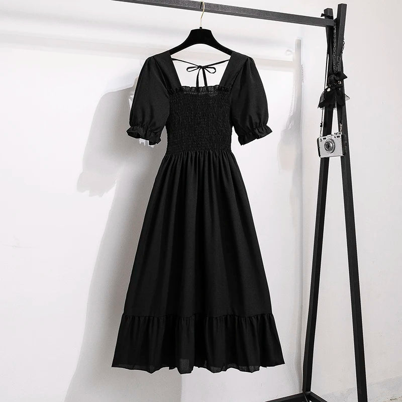 Spring Summer Chiffon Dresses Fashion Female Elastic Waist Short Sleeve