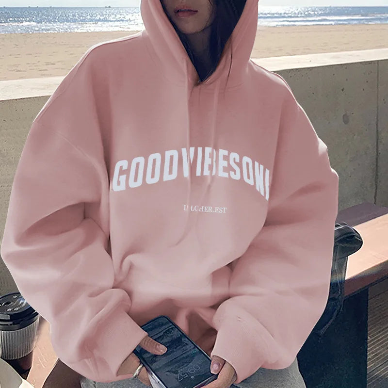 Autumn Fleece Hoodie Solid Color Letter Hooded