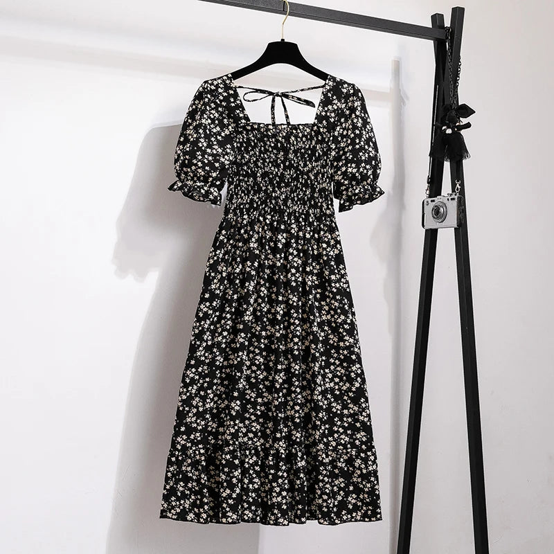 Spring Summer Chiffon Dresses Fashion Female Elastic Waist Short Sleeve