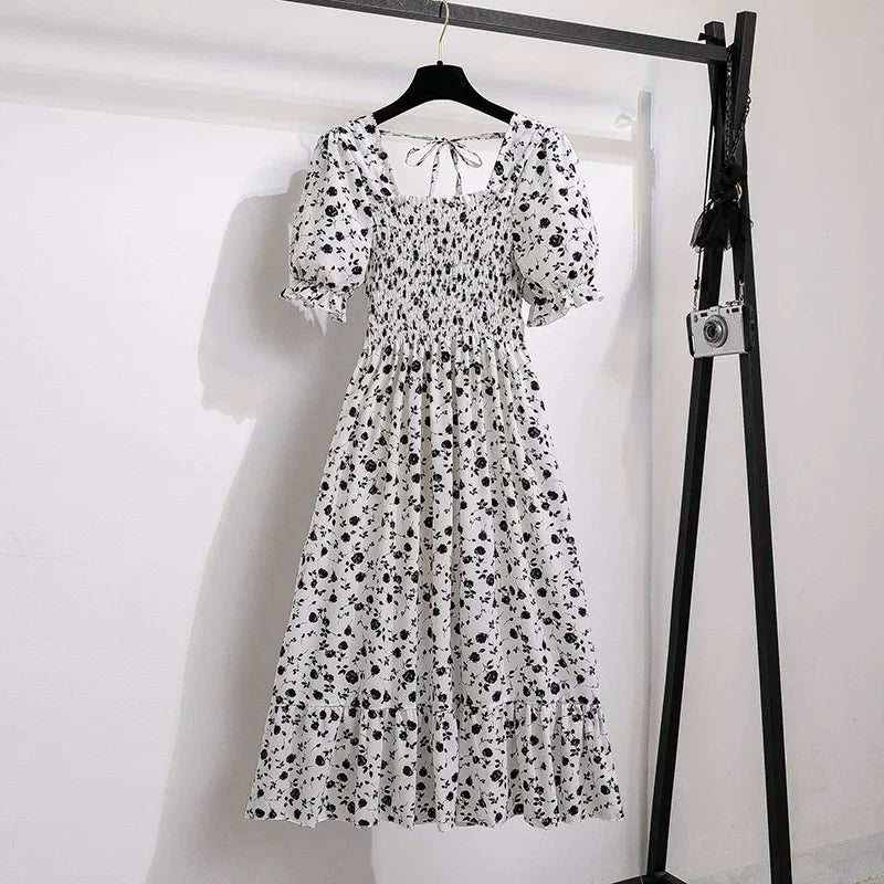 Spring Summer Chiffon Dresses Fashion Female Elastic Waist Short Sleeve