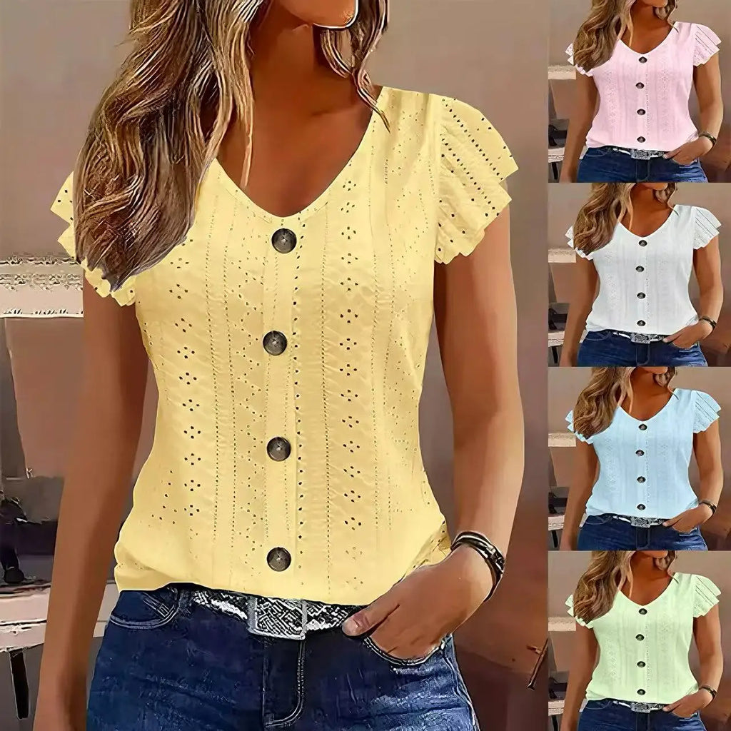 Spring/Summer new women's fashion ruffle sleeve V-neck T-shirt