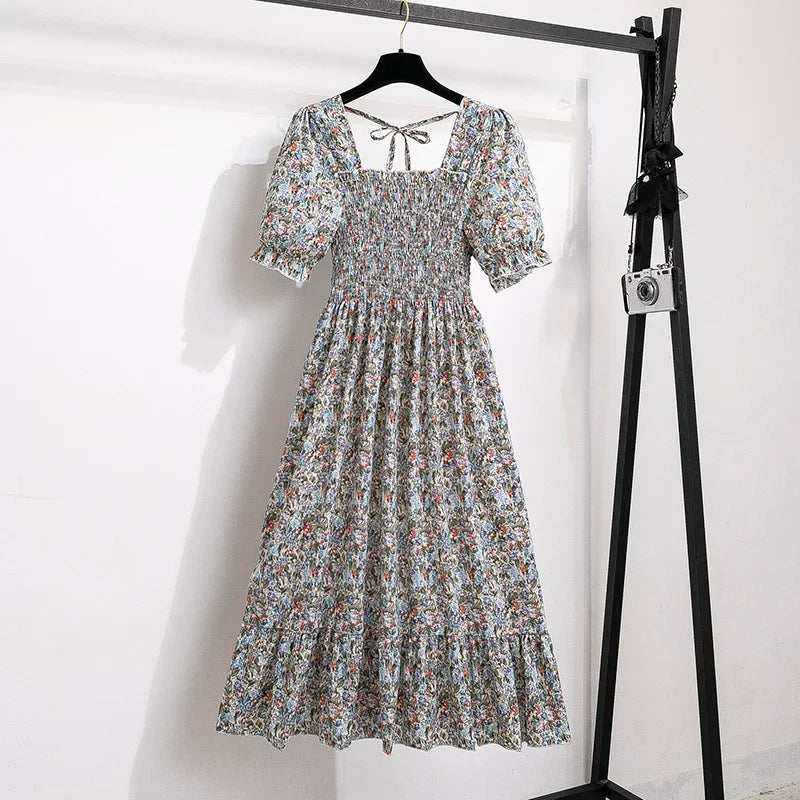 Spring Summer Chiffon Dresses Fashion Female Elastic Waist Short Sleeve