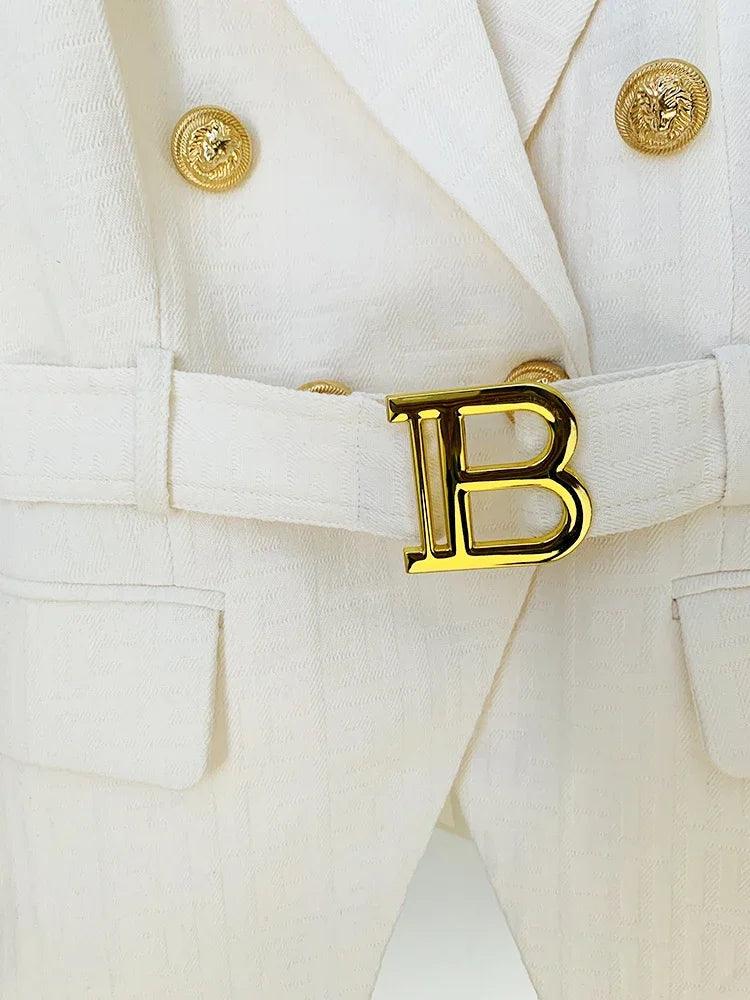Designer Jacket Women's Double Breasted Lion Buttons Monogram Jacquard Belted Blazer