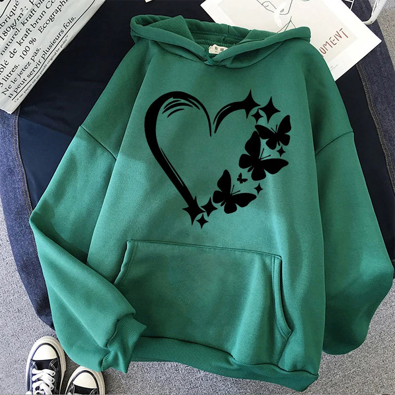 Combination of Love and Butterfly Pattern Long Sleeve Hoodies Women's