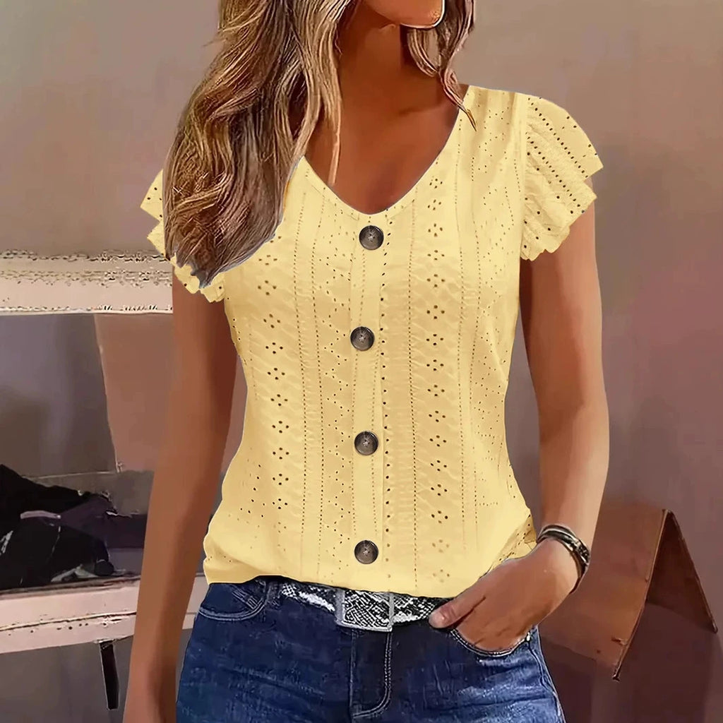 Spring/Summer new women's fashion ruffle sleeve V-neck T-shirt