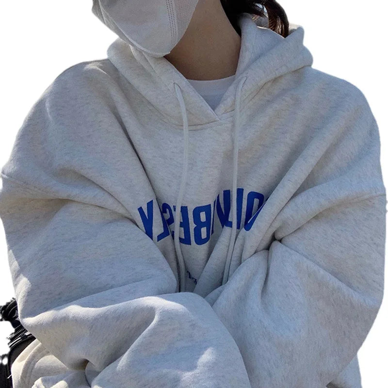 2025 Autumn Fleece Hoodie Solid Color Letter Hooded Korean Fashion Sweatshirts Long Sleeve Top Drawstring Pockets Loose Hoodies