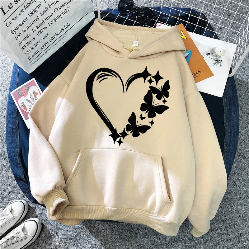 Combination of Love and Butterfly Pattern Long Sleeve Hoodies Women's