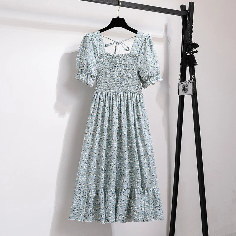Spring Summer Chiffon Dresses Fashion Female Elastic Waist Short Sleeve