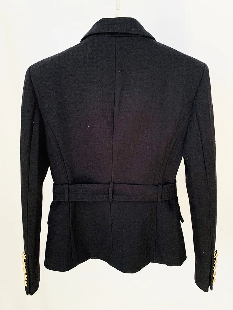 Designer Jacket Women's Double Breasted Lion Buttons Monogram Jacquard Belted Blazer