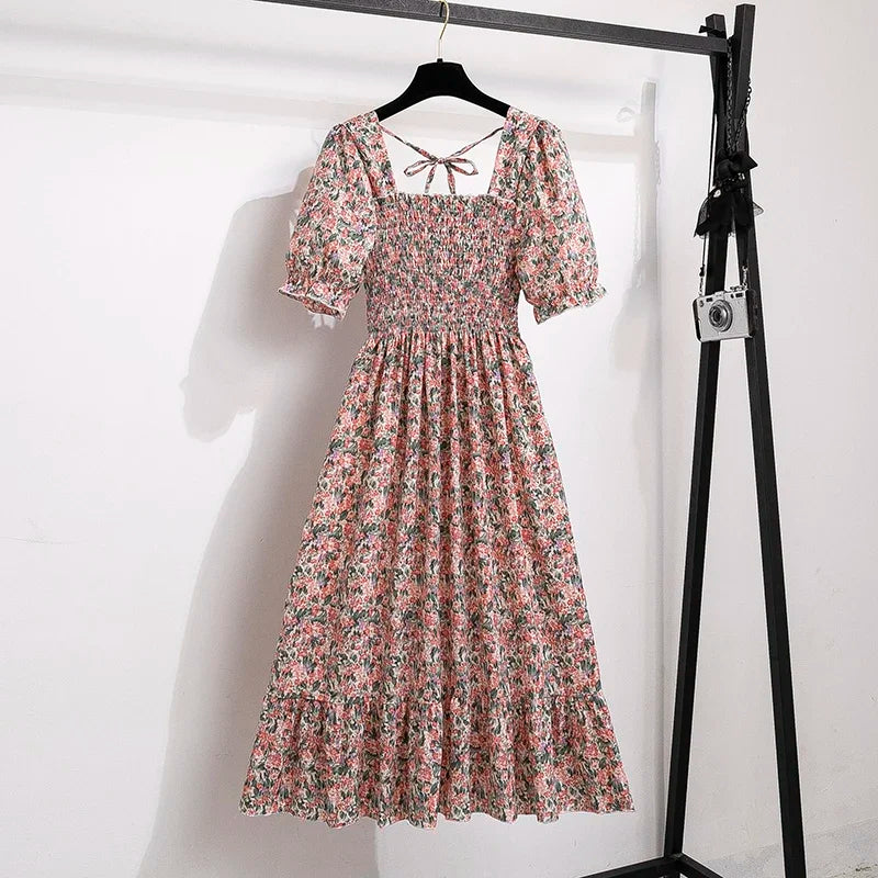 Spring Summer Chiffon Dresses Fashion Female Elastic Waist Short Sleeve