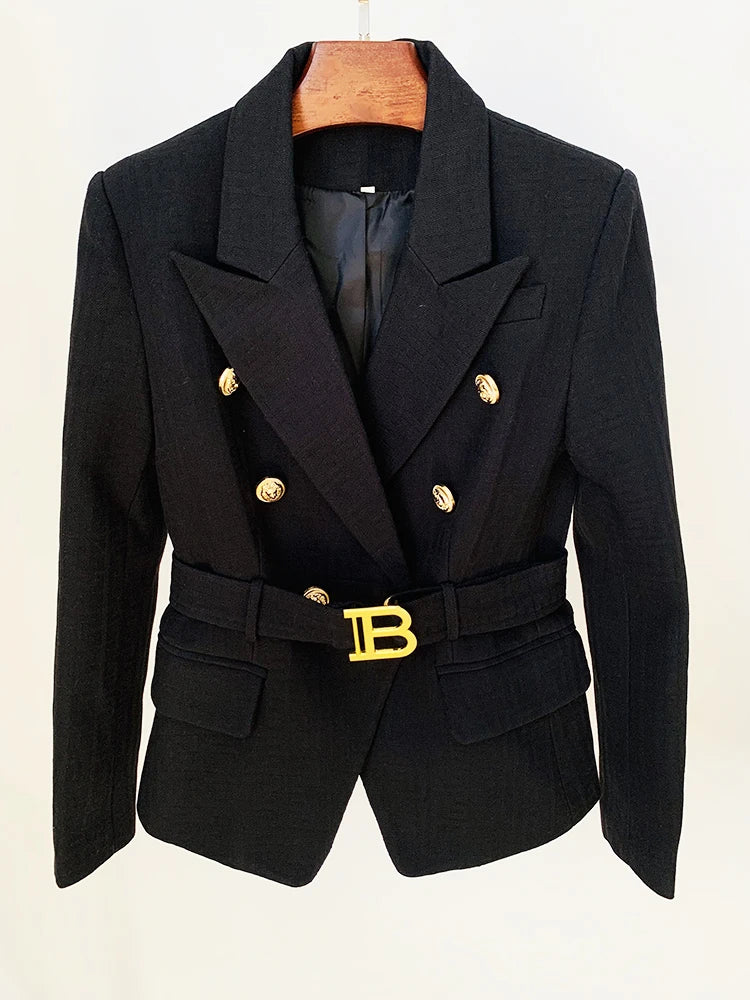 Designer Jacket Women's Double Breasted Lion Buttons Monogram Jacquard Belted Blazer