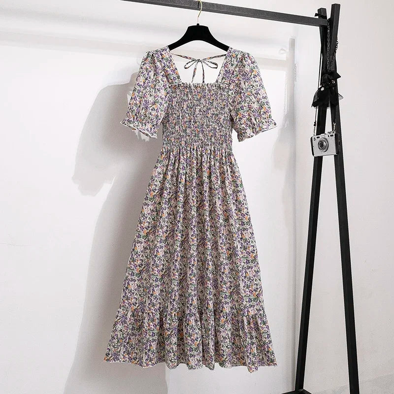 Spring Summer Chiffon Dresses Fashion Female Elastic Waist Short Sleeve