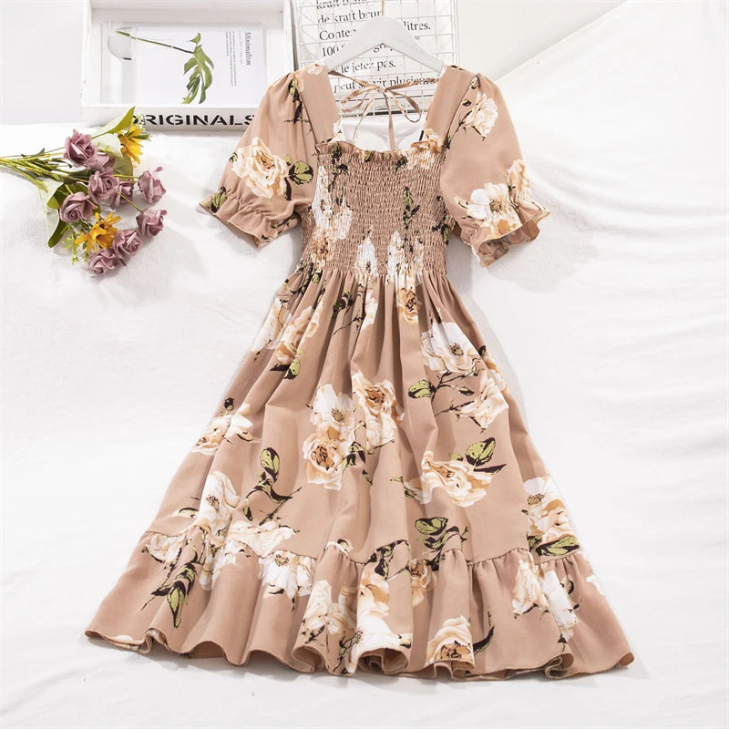 Spring Summer Chiffon Dresses Fashion Female Elastic Waist Short Sleeve