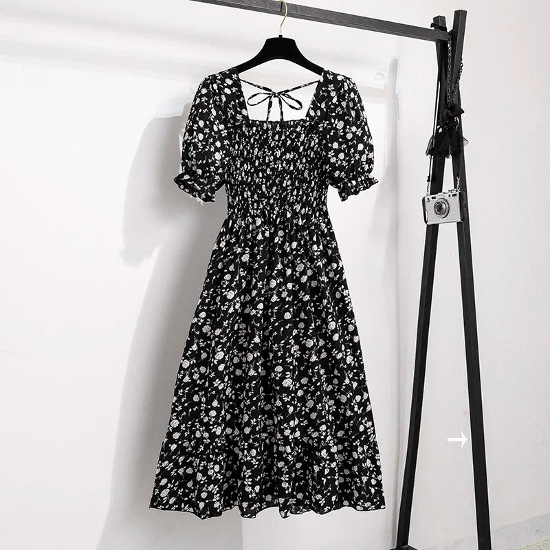 Spring Summer Chiffon Dresses Fashion Female Elastic Waist Short Sleeve