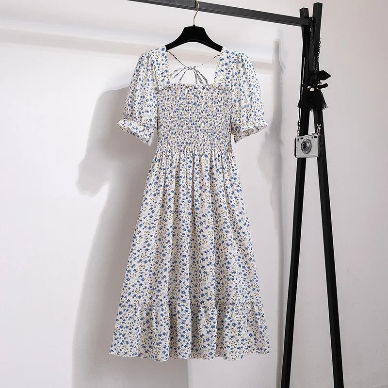 Spring Summer Chiffon Dresses Fashion Female Elastic Waist Short Sleeve