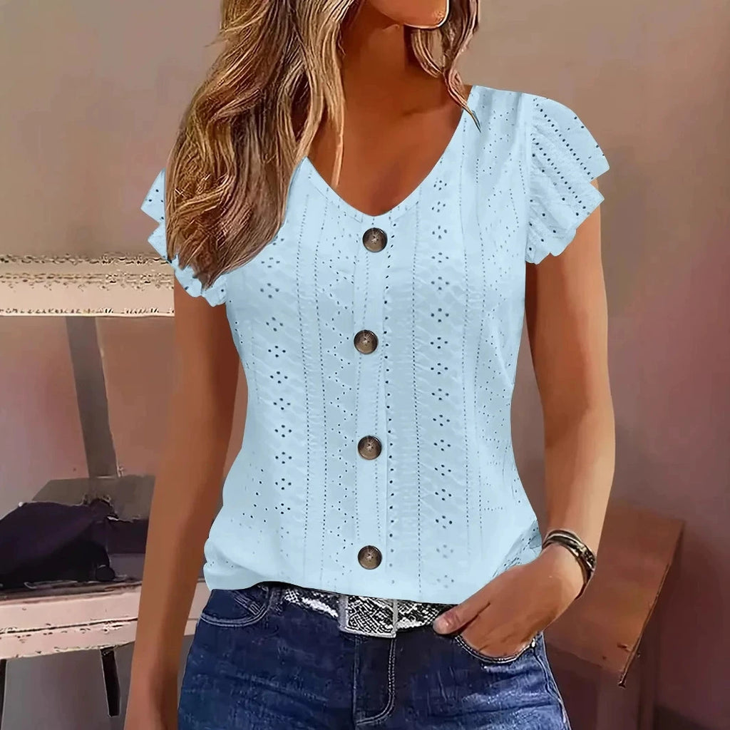 Spring/Summer new women's fashion ruffle sleeve V-neck T-shirt
